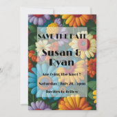 Retro 70s stijl kleurrijke madeliefjes save the date (Voorkant)