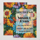 Retro 70s stijl kleurrijke madeliefjes save the date (Voorkant / Achterkant)
