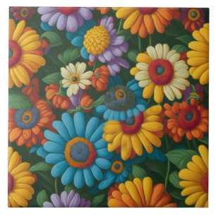 Retro 70s stijl kleurrijke madeliefjes tegeltje