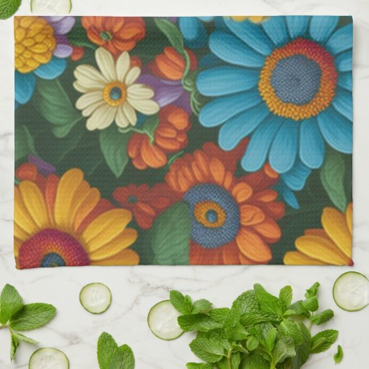 Retro 70s stijl kleurrijke madeliefjes theedoek (Gevouwen)
