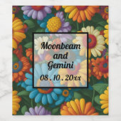 Retro 70s stijl kleurrijke madeliefjes wijn etiket (Enkel label)