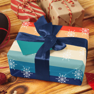 Retro 70s Strepen Sneeuwvlok Kerstmis Cadeaupapier