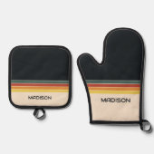 Retro 70s Stripes gepersonaliseerd Ovenwant & Pannenlap Set (Voorkant)