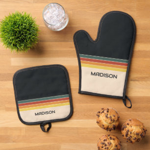 Retro 70s Stripes gepersonaliseerd Ovenwant & Pannenlap Set