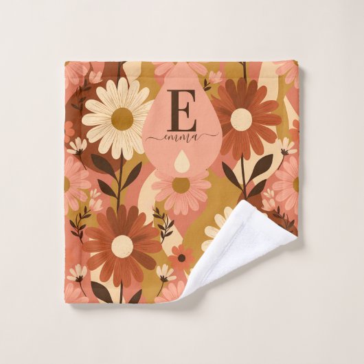 Retro 70s Summer Floral Daisy Custom Name Bad Handdoek (Wasdoekje)