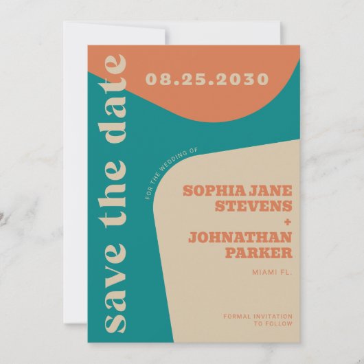Retro 70s teal orange beige wedding save the date (Voorkant)