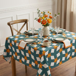 Retro 70s turquoise en oranje geometrische bloem tafelkleed