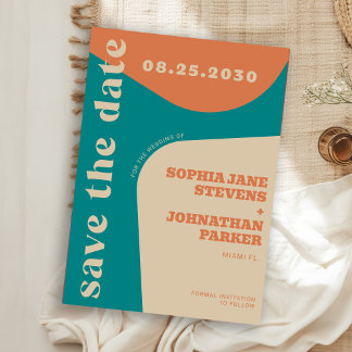 Retro 70s turquoise oranje beige bruiloft save the date