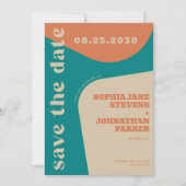 Retro 70s turquoise oranje beige bruiloft save the date (Voorkant)