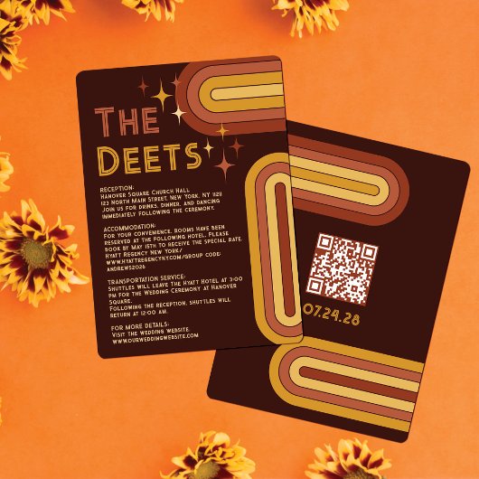 Retro 70's Typografie Rainbow Arch Wedding Details Informatiekaartje