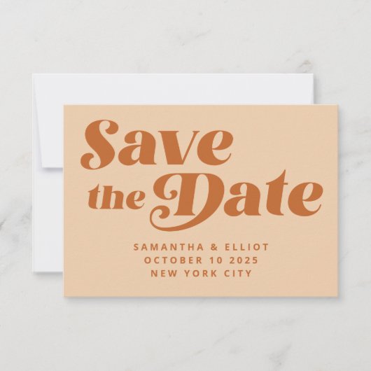 Retro 70s Typografie Rainbow Pattern in Brown Save The Date (Voorkant)