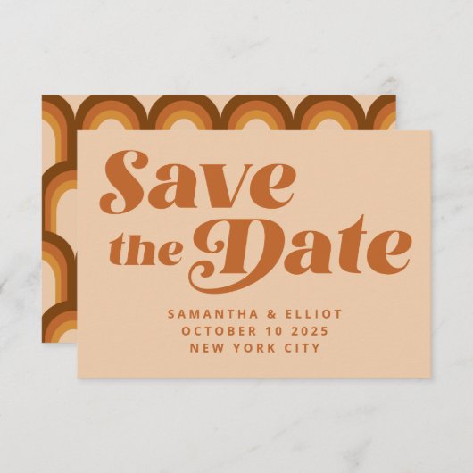 Retro 70s Typografie Rainbow Pattern in Brown Save The Date (Voorkant / Achterkant)