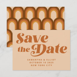 Retro 70s typografie regenboogpatroon in bruin  save the date