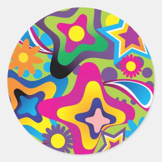 Retro 70s vormen in felle kleuren ronde sticker (Voorkant)