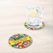 Retro 70s vormen in heldere kleuren elke tekst ronde kartonnen onderzetter (Insitu)