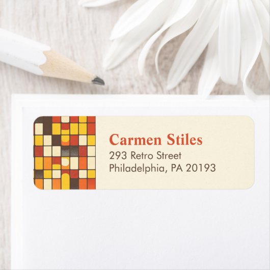 Retro 70s Warme Hued Checker Print Retouradres Etiket (Insitu)