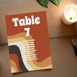 Retro 70s Wedding Seating Chart Table Number Card<br><div class="desc">Deze groovy retro trouwlijstkaart kenmerkt golvende lijnen in bruin,  en oranje,  herinnerend aan de 70s en hippie levensstijl. Een gewaagde  toevoeging met een funky wit manuscript naast de abstracte krullende lijnen. Groef samen met dit leuke ontwerp van de aardtoon en voeg de namen van uw gast toe.</div>