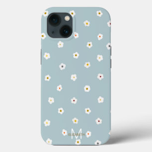 Retro 70's White Daisy Flowers Boho Blue Design Case-Mate iPhone Case