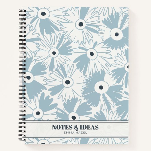 Retro 70s Wildflower & Polka Dot Personalized Blue Notitieboek (Voorkant)