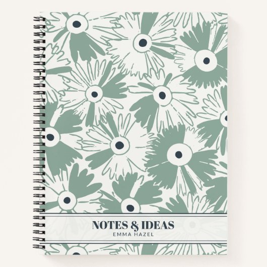 Retro 70s Wildflower & Polka Dot Personalized Sage Notitieboek (Voorkant)