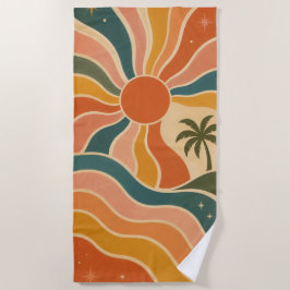 Retro 70s Zonsondergang Golven & Palmboom Esthetie Strandlaken