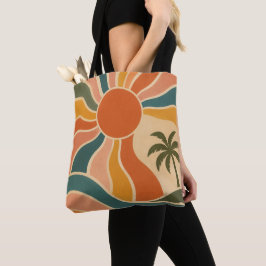 Retro 70s Zonsondergang Golven & Palmboom Esthetie Tote Bag