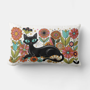 Retro 70s Zwarte Kat Bloem Boho Design Kussen
