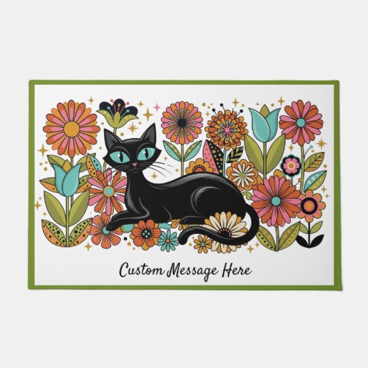 Retro 70s Zwarte Kat Bloem Personalized Design Deurmat (Voorkant)