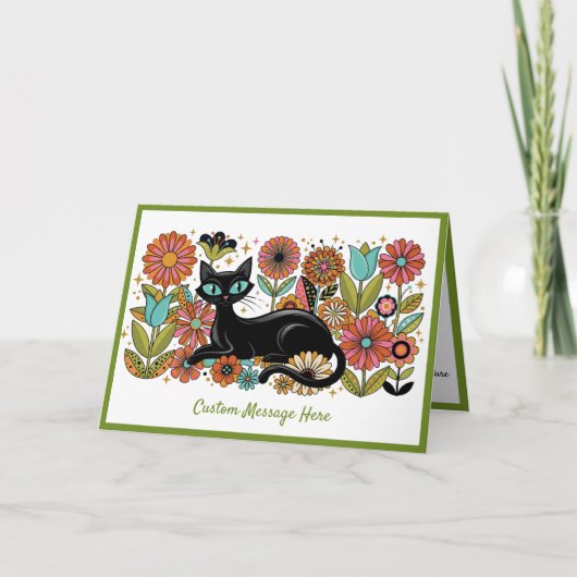 Retro 70s Zwarte Kat Bloem Personalized Design Kaart (Voorkant)