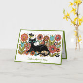 Retro 70s Zwarte Kat Bloem Personalized Design Kaart (Gele Bloem)