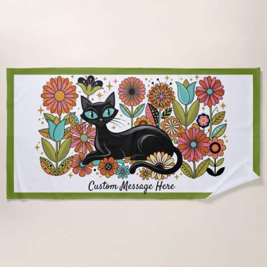 Retro 70s Zwarte Kat Bloem Personalized Design Strandlaken (Voorkant)