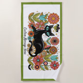 Retro 70s Zwarte Kat Bloem Personalized Design Strandlaken (Voorkant)