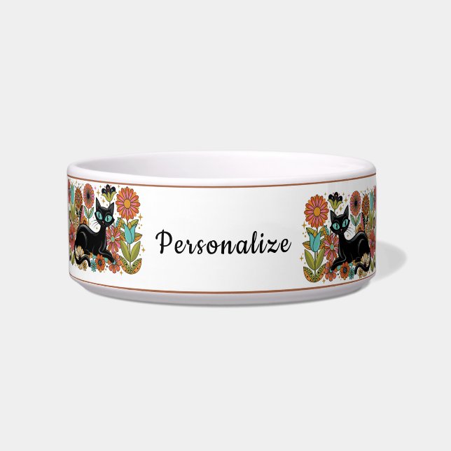 Retro 70s Zwarte Kat Bloem Personalized Design Voerbakje (Voorkant)