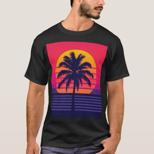 Retro 80er Zonsondergang Palmboom Synthwave Kunst T-shirt (Voorkant)