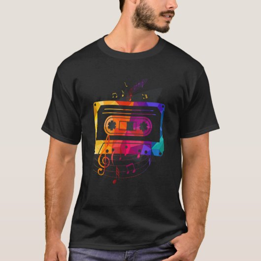 Retro 80's 90's Muzieknoten Cassettebandje mixtape T-shirt (Voorkant)
