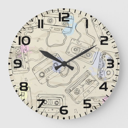 Retro 80s 90s Nostalgic Cassette Mix Tape Pattern Grote Klok (Voorkant)
