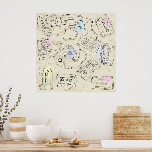 Retro 80s 90s Nostalgic Cassette Mix Tape Pattern Poster (Keuken)