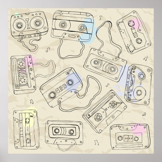 Retro 80s 90s Nostalgic Cassette Mix Tape Pattern Poster (Voorkant)