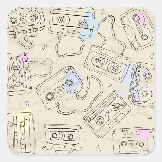Retro 80s 90s Nostalgic Cassette Mix Tape Pattern Vierkante Sticker (Voorkant)