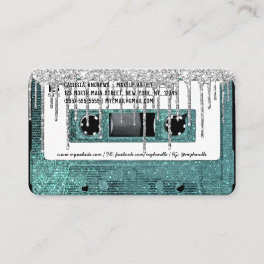 Retro 80's Blauwgroen Glitter Drip Cassettebandje  Visitekaartje (Achterkant)