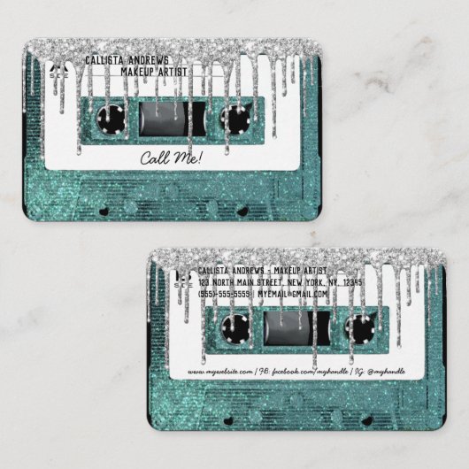 Retro 80's Blauwgroen Glitter Drip Cassettebandje  Visitekaartje (Voorkant / Achterkant)