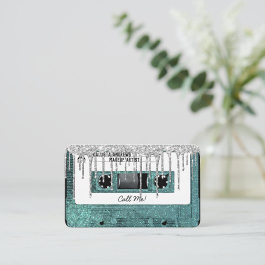 Retro 80's Blauwgroen Glitter Drip Cassettebandje  Visitekaartje (Staand voorkant)