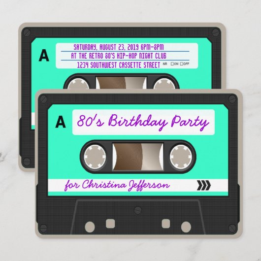 Retro 80s Cassettebandje Verjaardagsfeestuitnodigi Kaart (Voorkant / Achterkant)