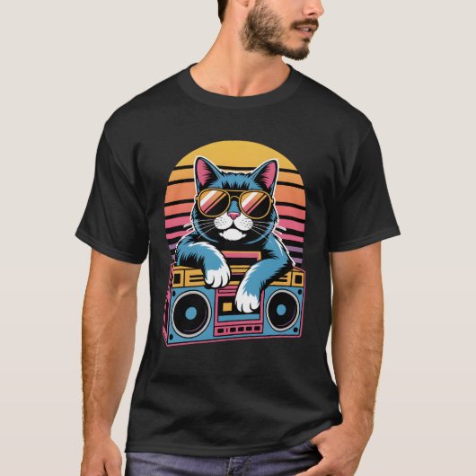 Retro 80s Cat met zonnebril – Synthwave Kat T-shirt (Voorkant)