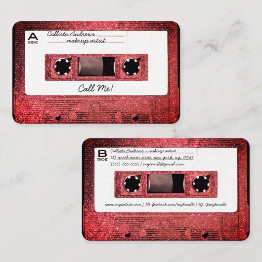 Retro 80's Coral Glitter Cassettebandje Mixtape Visitekaartje (Voorkant / Achterkant)