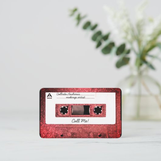 Retro 80's Coral Glitter Cassettebandje Mixtape Visitekaartje (Staand voorkant)