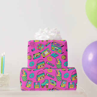 Retro 80s Fun Neon Pink Bright Music Pattern Girly Cadeaupapier