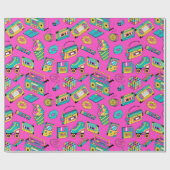 Retro 80s Fun Neon Pink Bright Music Pattern Girly Cadeaupapier (Vlak)