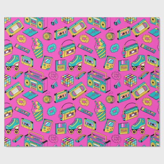 Retro 80s Fun Neon Pink Bright Music Pattern Girly Cadeaupapier (Vlak)