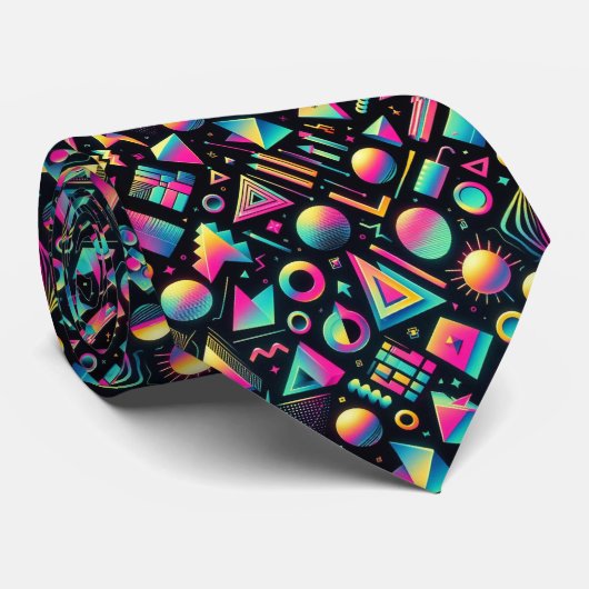 Retro 80s Funky Shapes Neon Neck Tie Stropdas (Opgerold)